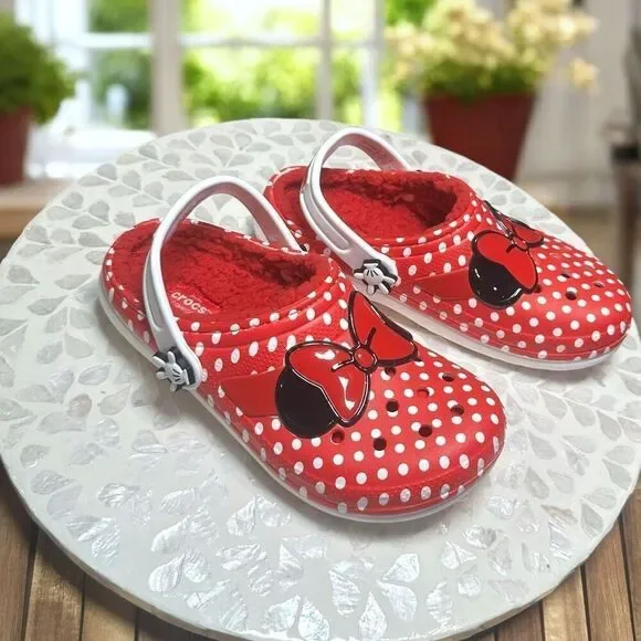Crocs Kids Minnie Mouse Lined Classic Clog Red Polka Dot Cozy Disney Parks Size - Picture 2 of 12
